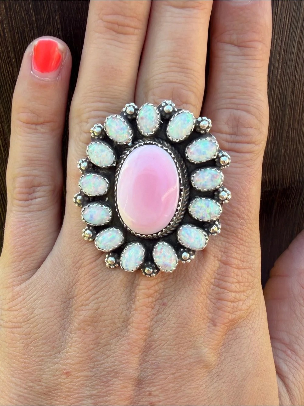 Navajo Handmade Pink Conch and Natural Opal Cluster Statement Ring - Signed